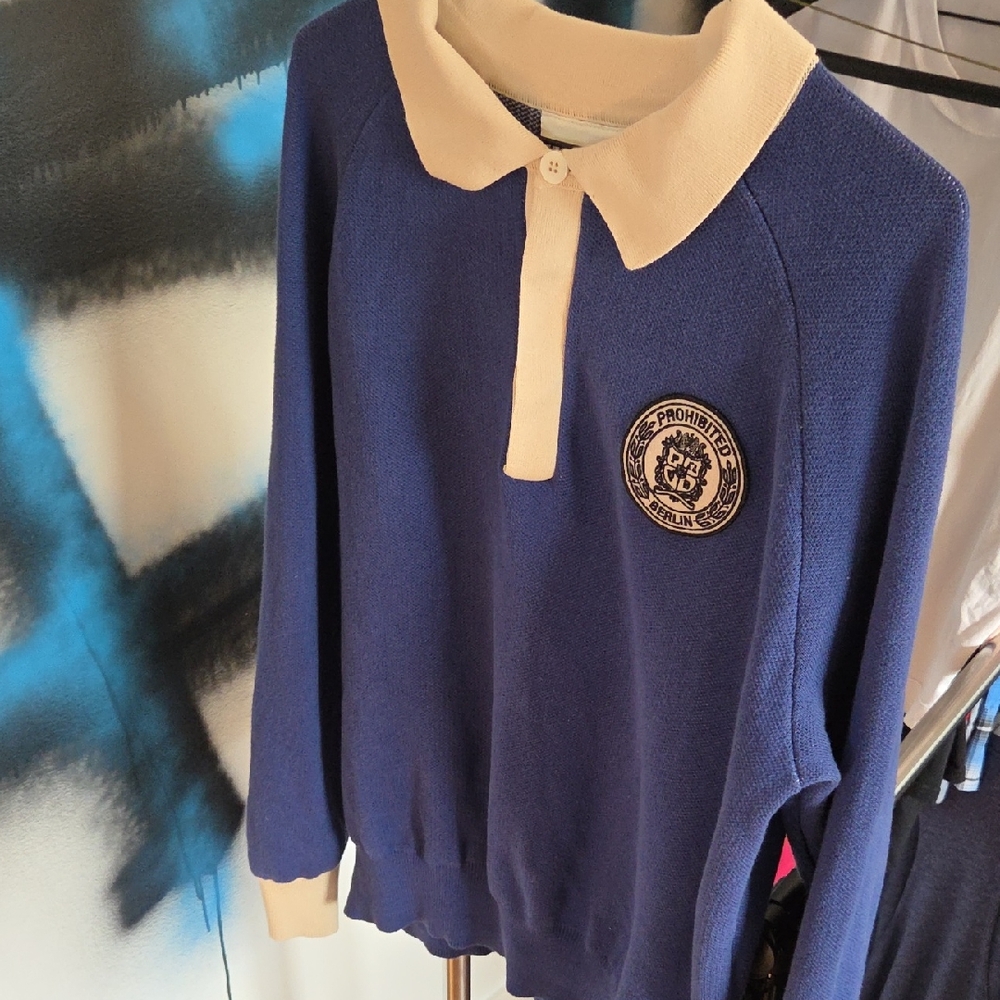 Navy and Cream Men's Sweater